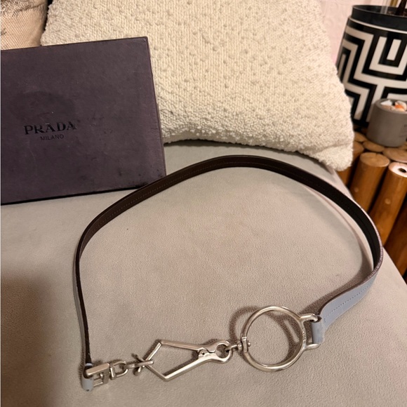 Prada Baby Blue Leather Belt with Silver Ring Hardware